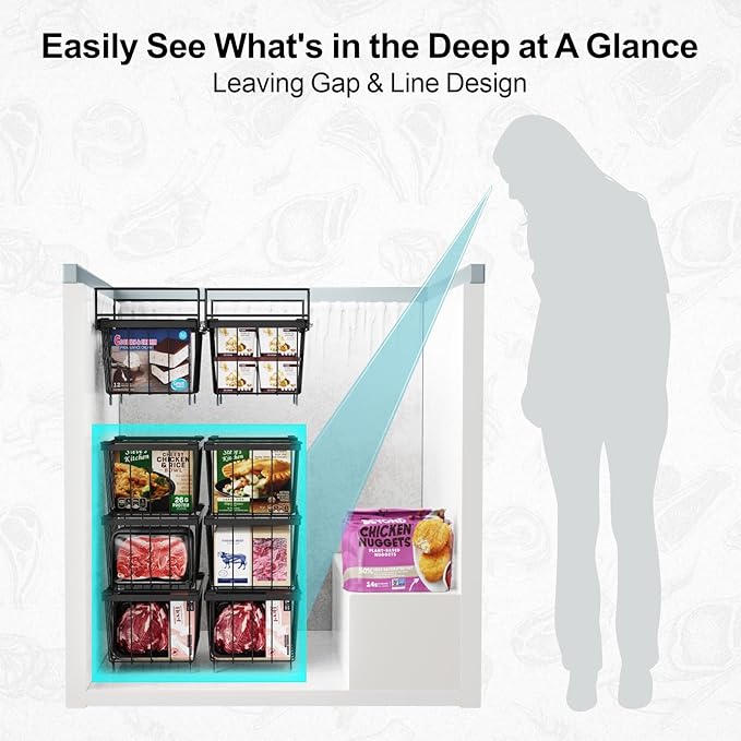 iSPECLE Freezer Organizer Bins - 3 Pcs Small Stackable Baskets & 1 Pcs Hanging Deep Freezer Organizer Bins for 7 Cu.Ft Chest Freezer Easily Gets Bottom Food, Adds Space to Store More Food, Black