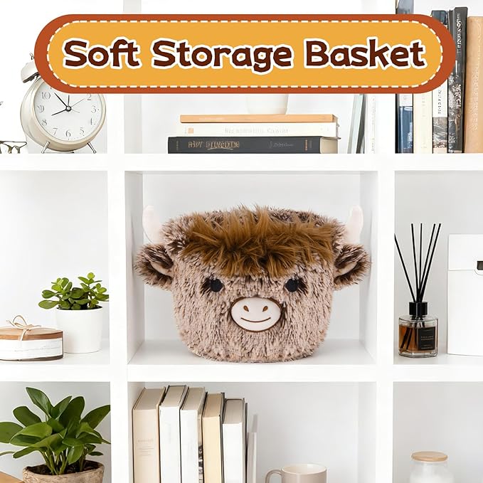 Highland Cow Plush Basket, Highland Cow Gift Basket for Nursery, Soft Winter Small Baby Blanket 0rganizer Storage, Cute Baby Blanket Diapers Candy Towel Decor Storage Bins, 8.2×6.3 inches