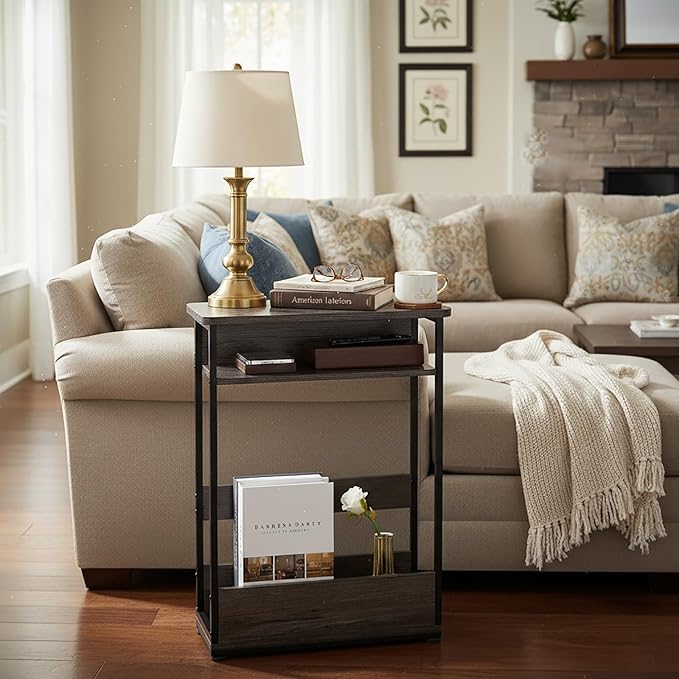 Vintage Narrow Side Table with Storage Shelf, 3 Tier Slim End Table Modern Sofa Table for Narrow and Small Spaces, 24.6 Inch Height Bedside Table Nightstand (Grey, Large)