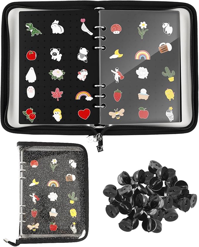 UCEC Enamel Pin Display Book & 50 PCS Rubber Pin Backs, A5 Album Pin Collection Binder for Brooch Pins, Black 6-Page Zippered Pinfolio Trading Organizer Case, Pin Storage Display Book for Enamel Badge