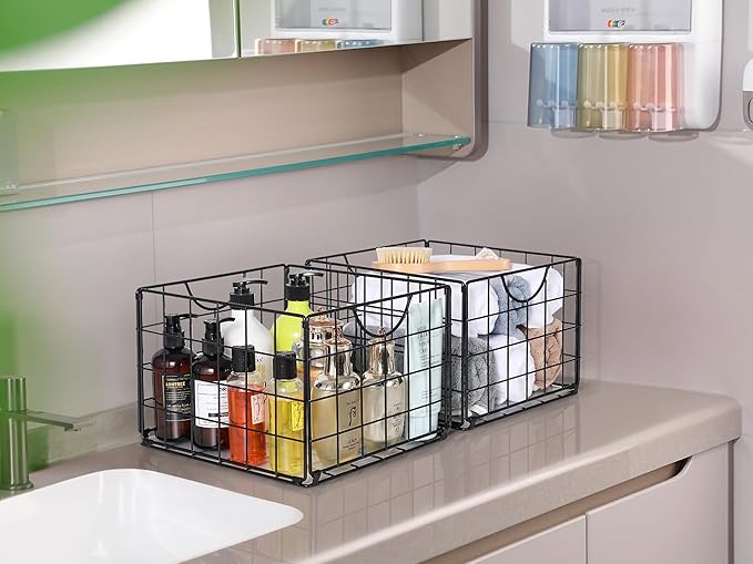 Metal Wire Basket Organizer Foldable Set of 6, Food Storage Mesh Bin with PVC Sheet, Freezer Organizer Bins for Pantry Closet Bathroom-Black