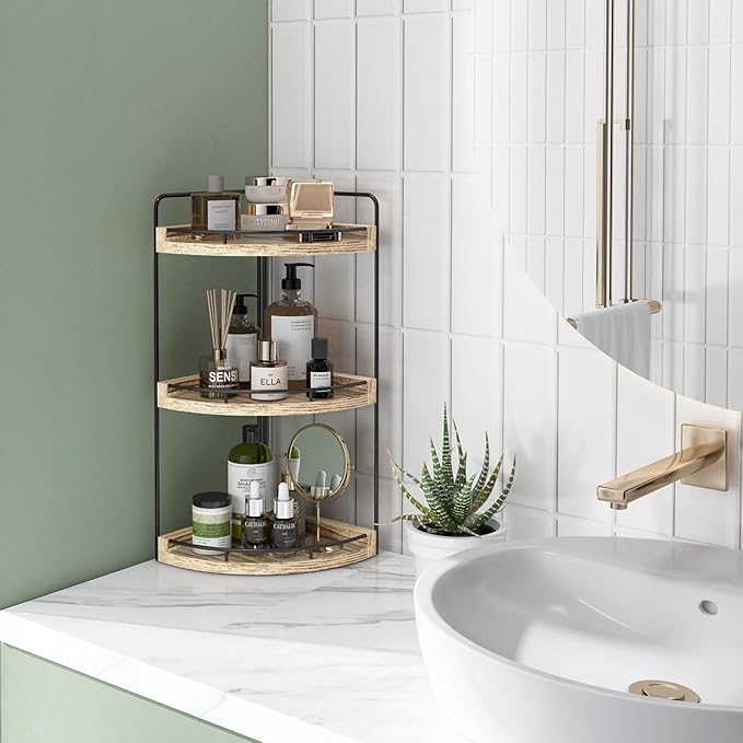 Fixwal Corner Bathroom Counter Organizer, 3 Tier Rustic Bathroom Organizer, Wood Countertop Storage Tray for Vanity, Kitchen, Bedroom (Light Brown)
