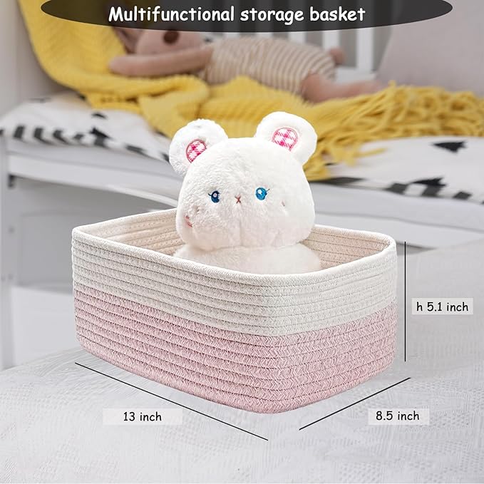 COMFY-HOMI 13" x 8.5" x 5.1" Storage Baskets for Organizing | Cotton Rope Woven Basket | Toy Storage Bin Box | Basket for Shelves, Closet Organizer Bin, Decorative Closet Shelf, 1 Pack, white/pink