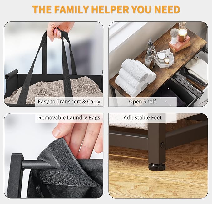 Laundry Basket Double Laundry Hamper with Removable Bags, Fabric Handles, Large Top Shelf and Laundry Bag for Bathroom, Dorm, Laundry Room