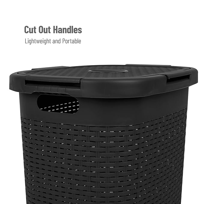 Mind Reader 60L Slim Laundry Hamper, Clothes Basket, Lid, Wicker Design, Plastic, 17.65"L x 13.75"W x 24.15"H, Black