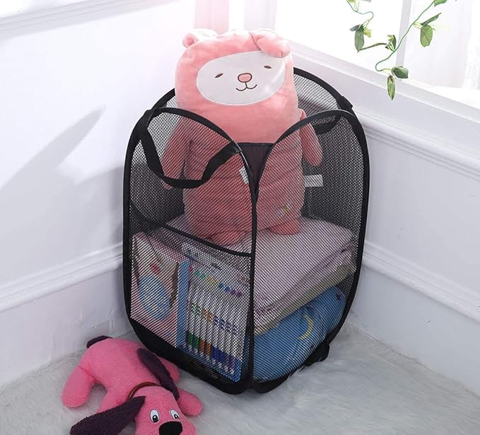 Larpur Popup Mesh Laundry Basket, Collapsible and Portable Clothes Washing Laundry Hamper with Reinforced Carry Handle (Black 2pcs)