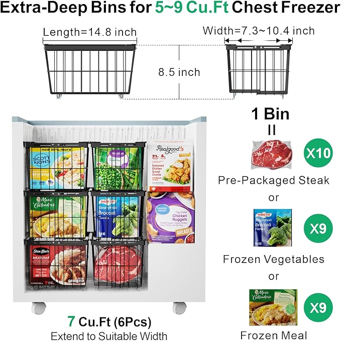 iSPECLE Freezer Organizer Bins - 4 Pack Adjustable & Extra Large Chest Freezer Organizer Bins for 5 to 9 Cu.Ft Deep Freezer, Easy Organize Basket Store More, Stackable No Wasted Space, Black