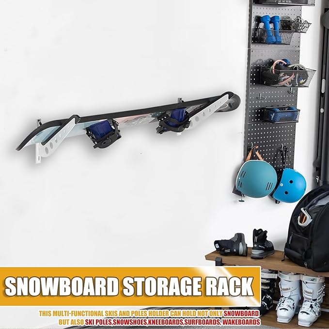 Snowboard Wall Racks, Adjustable Storage Rack for Ski, Surfboard, Wakeboard, Snowboard Wall Mount Display, White/Black