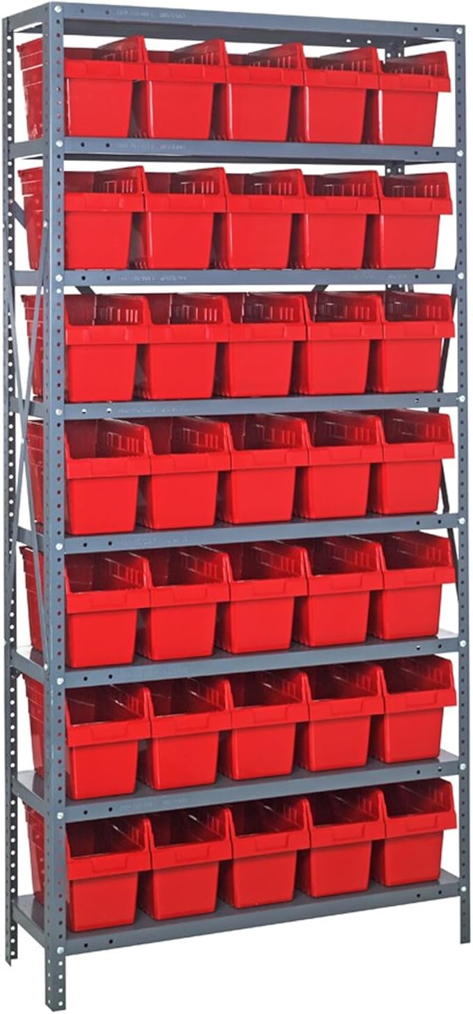 Quantum 1275-SB802RD Heavy Duty Shelving Unit with (8) Shelves and (35) QSB802 Red Bins for Garage Warehouse Storage Distribution | 400 lb Load Capacity | 12"D x 36"L x 75"H, Galvanized Carbon Steel