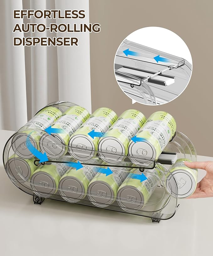 Drink Organizer for Fridge, Soda Can Organizer Dispenser for Refrigerator with Automatic Rolling,Organize Standard Size 11.15oz or 12oz Cans Drink,Save space for Fridge、Kitchen、countertop （2 pack）
