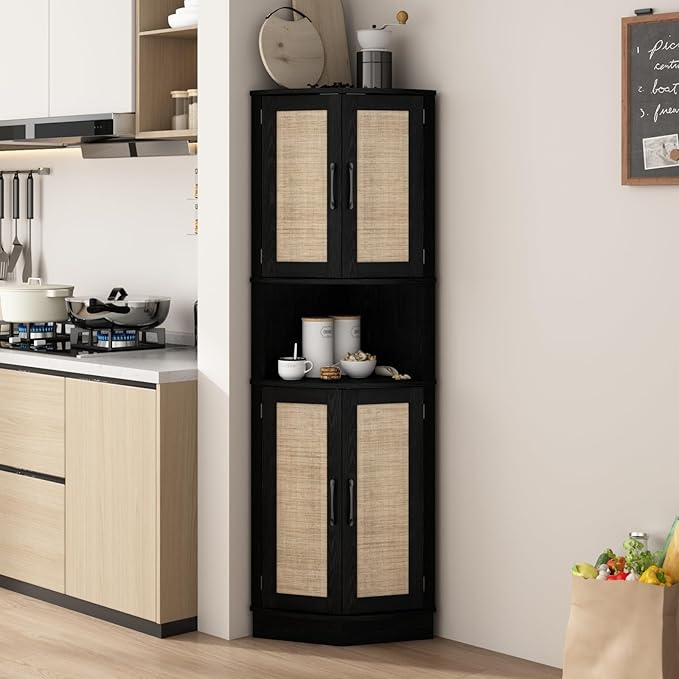 Tall Corner Cabinet, 64.7" Rattan Corner Storage Cabinet with 4 Doors and 5 Storage Shelves, Farmhouse Space Saver, Boho Shelf for Living Room, Kitchen, Bathroom, Office, Rustic Black