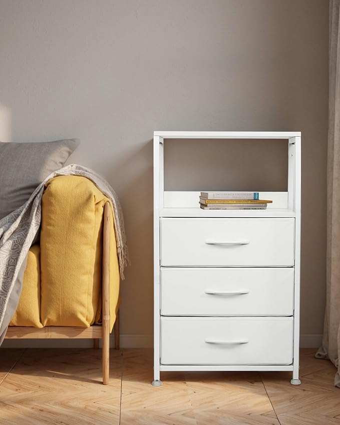 Dresser for Bedroom, Fabric Nightstand Tall Dresser & Chests of Drawers with 3 Drawers, Vertical Organizer Storage Tower Unit for Bedroom, Hallway, Entryway White