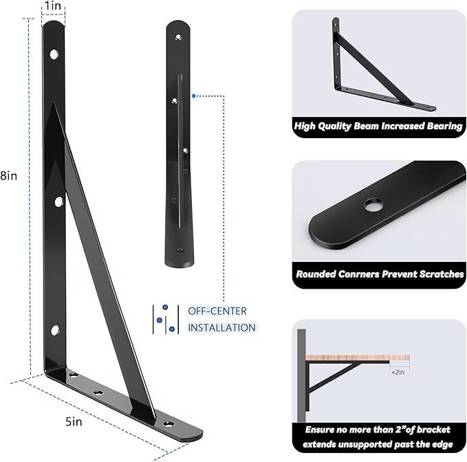 4 Pack L 8" x H 5" Heavy Duty Shelf Brackets with Screws Open Floating Shelving Bracket L Brackets Black Metal Shelf Brackets for Shelves, Room, Pantry,Garage