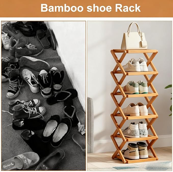 YYW Flat Bamboo Shoe Rack for Entryway, Installation-Free and Folding Vertical Small Shoe Rack, Saves Space Narrow Shoe Racks for Doorway Closet