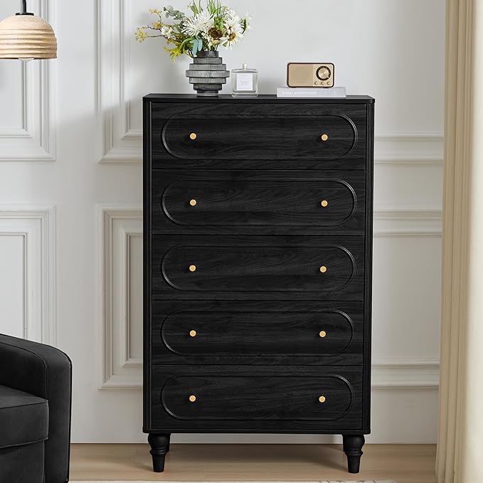 ORRD 5 Drawer Fluted Dresser for Bedroom Set of 2, Mid Century Modern Chest of Drawers, Wood Storage Large Dresser Organizer for Bedroom Living Room Hallway Closet, Black