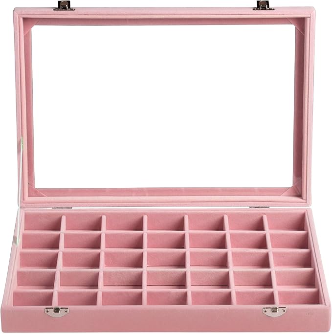 Frebeauty Velvet Jewelry Tray,35 Grid Jewelry Organizer with Clear Lid,Earring Holder Organizer Case with Clasp,Drawer Insert for Rings Studs,13.8 x 9.5 x 2 Inches,Gift for Women Girls(Pink)