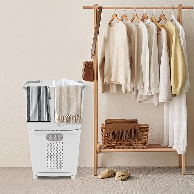 2 Layer Rolling Laundry Hamper Sorter - 4 Wheel Removable Laundry Basket Cart - Portable Multifunctional Storage Organizer - Mobile Laundry Organizer Cart for Bedroom Bathroom Closet