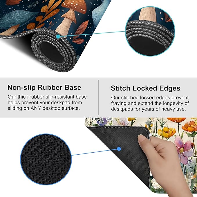 Mushroom Forest Mouse Pad – Large Extended Desk Mat 35.43 x 15.75 in – Autumn Woodland Fungi Illustration, Waterproof Surface, Non-Slip Rubber Base, Keyboard & Mouse Pad for Nature Lovers