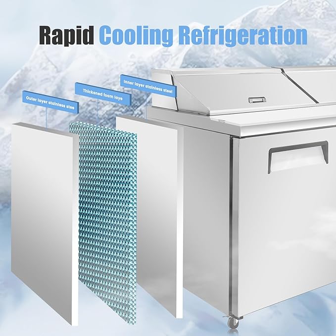 72" W Commercial Refrigerator Sandwich Salad Prep Table, Stainless Steel 3-Door Sandwich Prep Table Refrigerator, Counter Fan Cooling Refrigerator with 30 Pans for Restaurant, Bar