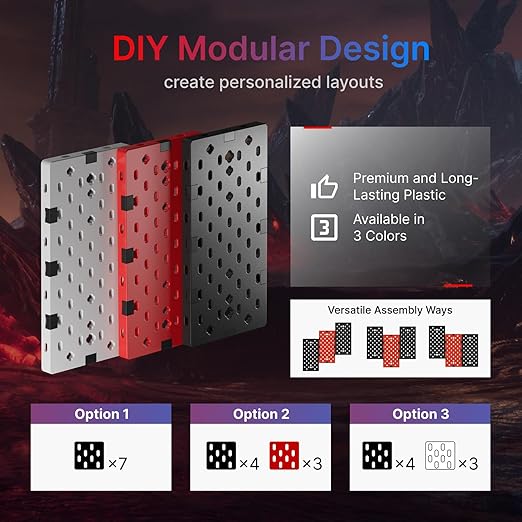 PEGZONE Controller and Headphone Holder Wall Mount, Modular Gaming Pegboard with Accessories, Controller Stand for Xbox PS5 PS4 Switch, Video Game Storage, Disc Shelf, 7pcs Pegboard, Black & Red