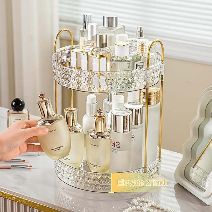 Rotating Makeup Organizer for Vanity, 2 Tier Perfume Skincare Storage for Women, Bathroom Counter Organizer, 360 Spinning Cosmetic Holder for Dresser Countertop, Clear