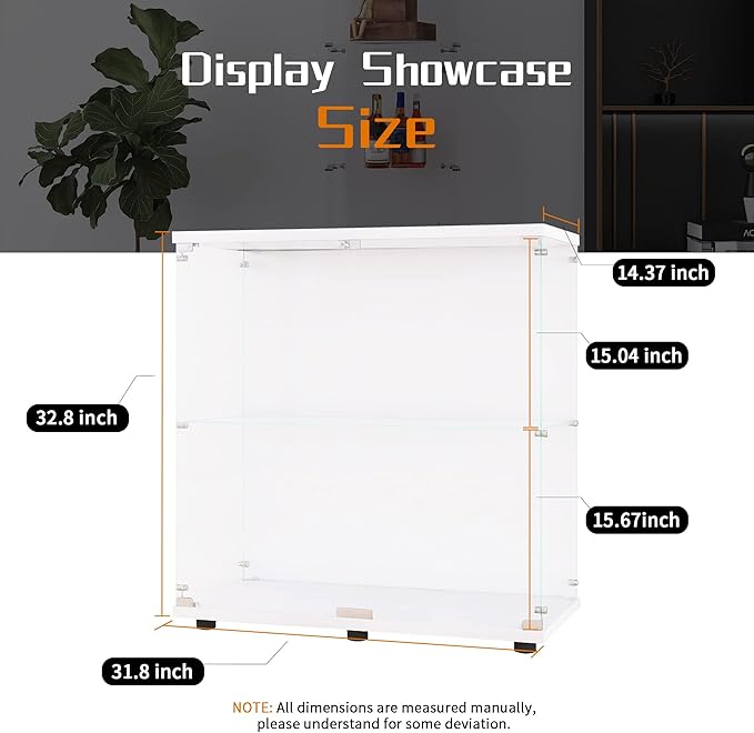 Beauty4U Glass Display Cabinet with 2 Shelves, 2 Doors Curio Cabinets for Living Room, Bedroom, Office, White Floor Standing Glass Bookshelf, Quick Installation