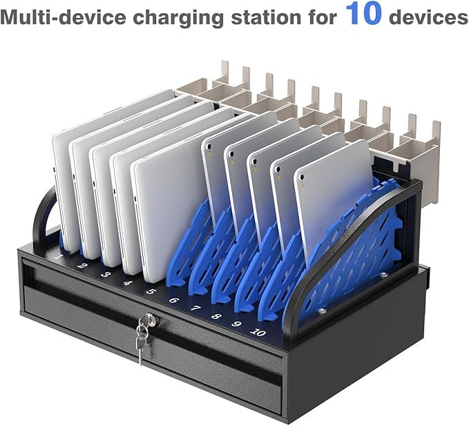 10-Device Open Charging Station for Chromebooks & Tablets - Heavy-Duty Steel Rack with Lockable Storage Drawer, Multi-Device Charging Organizer for School, Office, Hospital