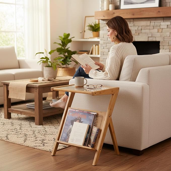 Tiita Rattan Side Table, Mid Century Nightstand, Bamboo Accent Bedside Tables, Glass Coffee Tables, Boho Wooden End Table with Storage for Small Space, Living Room and Bedroom