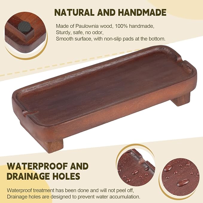 Wood Riser Small Decorative Tray Sink Soap Dish, Vanity Tray Pedestal Stand 8.7 x 3.6 inches (Dark Brown)