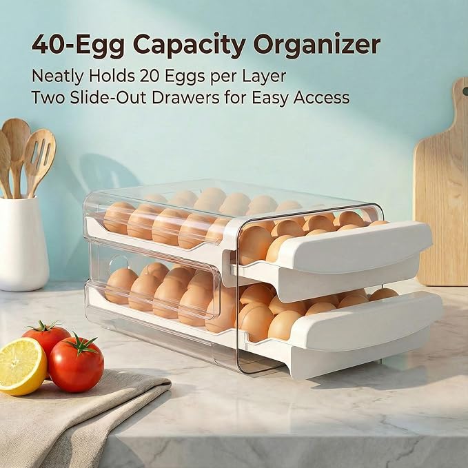 Zagtag® Egg Holder for Fridge, 2-Tier Stackable 40 Eggs Organizer Drawer for Refrigerator, Space-Saving Egg Container, Clear Plastic Egg Tray for Kitchen Storage