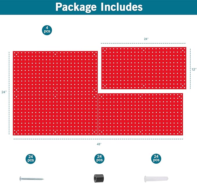 Peg Board,Pegboard Rack Garage Storage Steel Horizontal Peg Board Pack,Steel Pegboard Heavy Duty- 4 Pack 12-Inch X 24-Inch Metal Peg Board Tool Organization Panels (Red)
