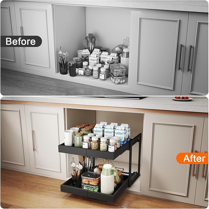 Golener 2-Tier Expandable Pull Out Cabinet Organizer - Pull-Out Drawers for Kitchen Cabinets, 2 Slide Home Storage Organizers, Slide Out Shelves for Base Cabinet Organization in Kitchen, Black Metal