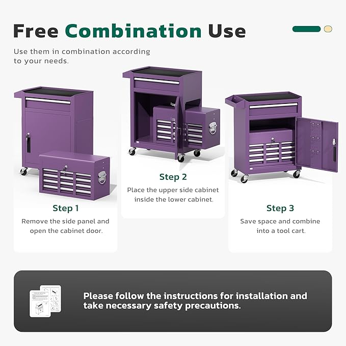 Greenvelly Tool Chest, 5-Drawer Rolling Tool Chest with Hooks and Lockable Wheels,Metal Storage Detachable Top Tool Box with Lockable Wheels for Garage,Workshop,Art Studio(Purple)