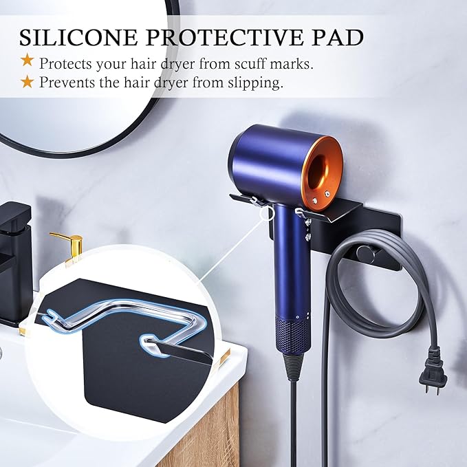 Hair Dryer Holder Wall Mounted, Blow Dryer Holder, Adhesive Hairdryer Holder for Bathroom, Hair Tool Organizer Hair Dryer Hanger, Blowdryer Holder for Wall, Hair Dryer Hook with Cord Storage (Black)