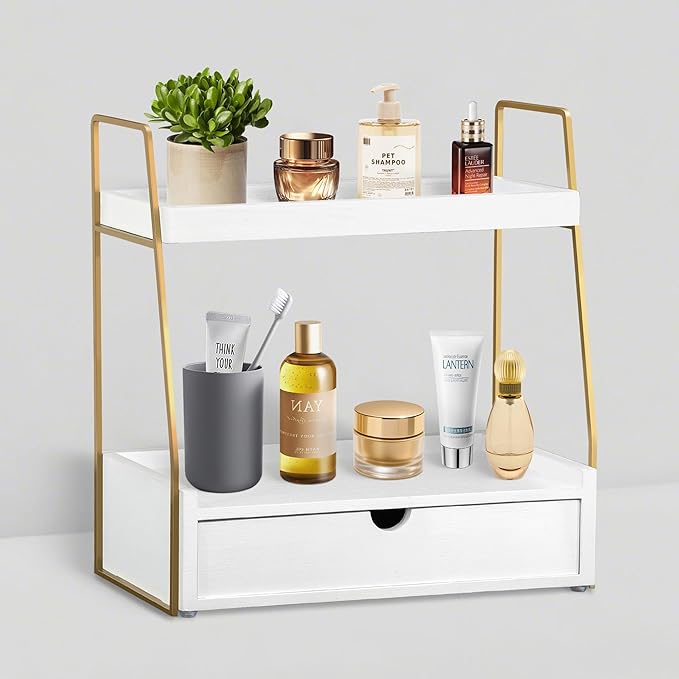 2-Tier Bathroom Organizer Countertop with Drawer, Wood Counter Organizer for Bathroom Decor, Sink Shelf for Vanity Storage, Makeup Tray for Perfume Skincare Bedroom Kitchen Corner