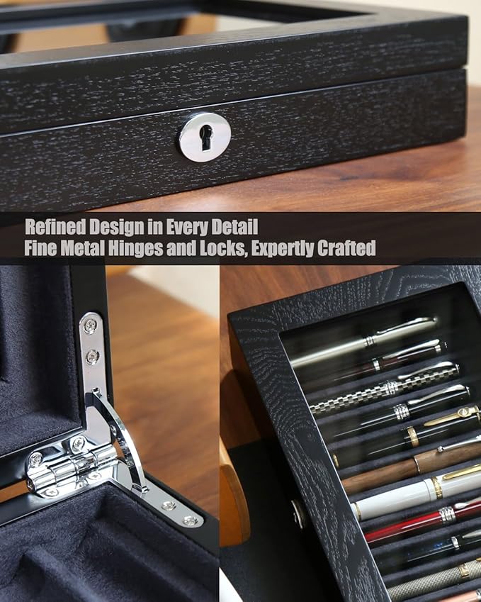 Wooden Pen Display Case – 12 Slot Lockable Fountain Pen Storage Box, Black Collectors Display with Glass Top, Gift for Men