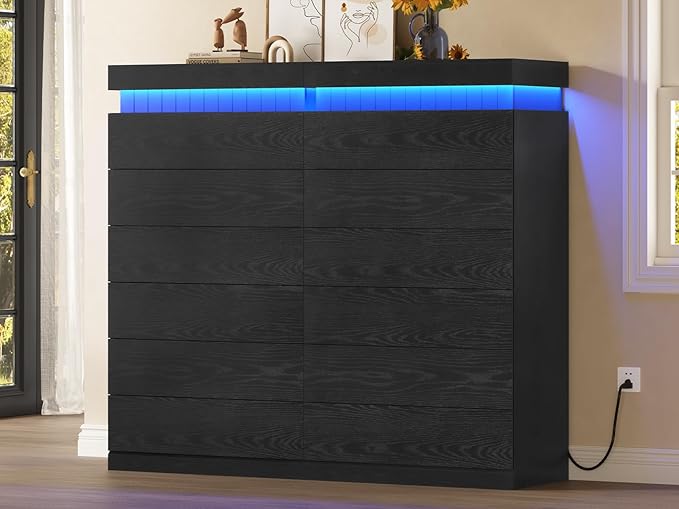 Tall Black 6 Dresser for Bedroom, Sliding Top Storage Space, Modern Wood Drawers with LED Light and Power Outlet, Large Chest of Drawer for Living Room, Hallway, Entryway (6 Drawers,Black)