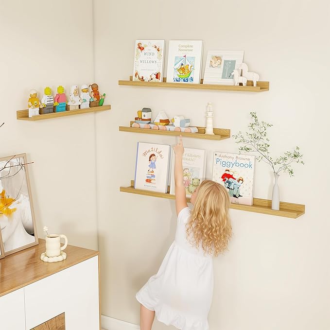Fun Memories Picture Ledge Shelf, Floating Shelves Set of 4, 48 Inch Picture Shelves for Wall with Ledge, Large Nursery Book Shelf for Toys Storage, Living Room, Bedroom Decor Frames, Oak