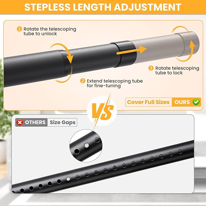 Closet Rods for Hanging Clothes, 17-54 Inch No-Cut Stepless Adjustable Closet Rod, 1.3 Inch Heavy Duty Metal Closet Hanging Rod with Brackets, Black Closet Bar for Closet, Laundry Room, RV, Wardrobes