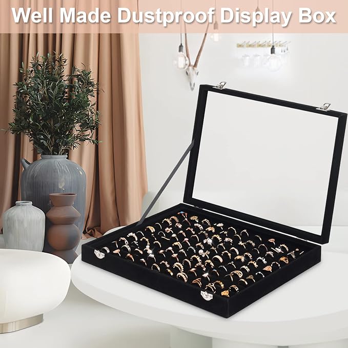 Ring Organizer for Jewelry, Ring Holder Box with Clear Lid, Dustproof Velvet Rings Display Tray Storage Case, 100 Slot Glass Top Jewelry Tray Drawer Insert for Multiple Rings Studs Earring (Black)