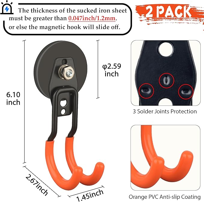 ULIBERMAGNET New Updated Garage Strong Magnetic Hooks, 2 Pack Heavy Duty Large J Hooks with Magnet, Anti-Slip Coating Magnet Hooks for Garden Tools, Ropes,Drill