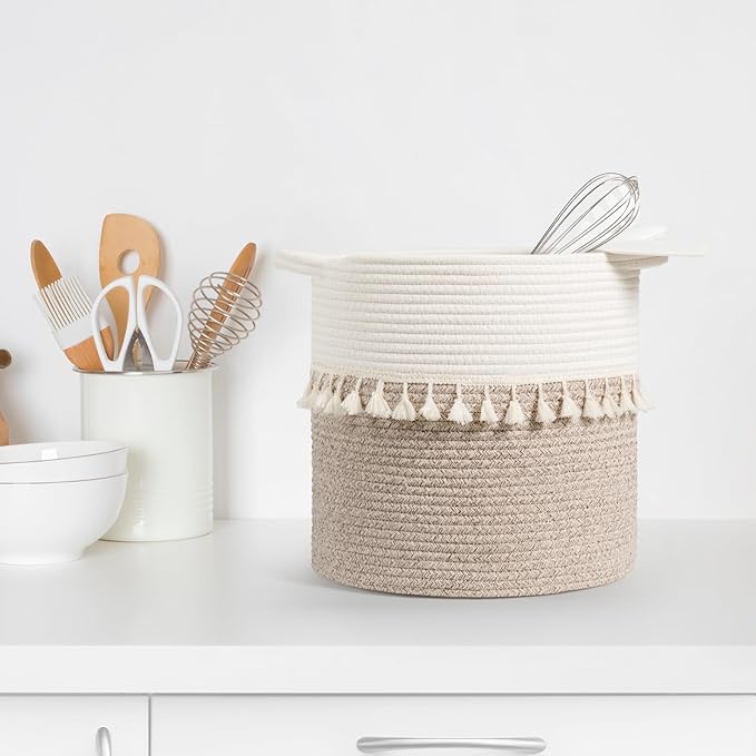danpinera 11 Inch Storage Baskets Set of 3, Cotton Woven Baskets for Storage with Strong Handles & Stylish Tassel, Storage Bins, Decorative baskets for shelves, Nursery, Laundry, White & Mixed Brown