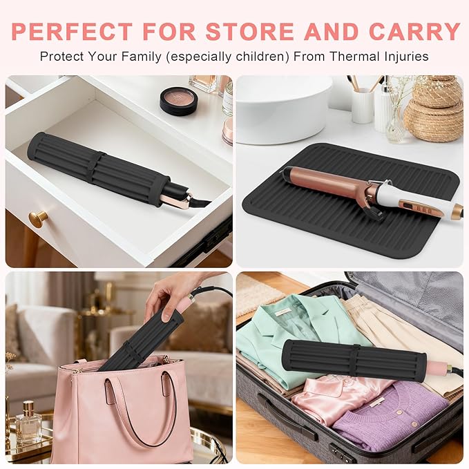 AMIJEAL Oversize Silicone Heat Resistant Mat for Hair Tools, Curling Iron Flat Iron Hair Straightener Holder Mat, Portable Hot Tools Sleeve Pad for Travel Vanity Salon(14.2" x 11.0")