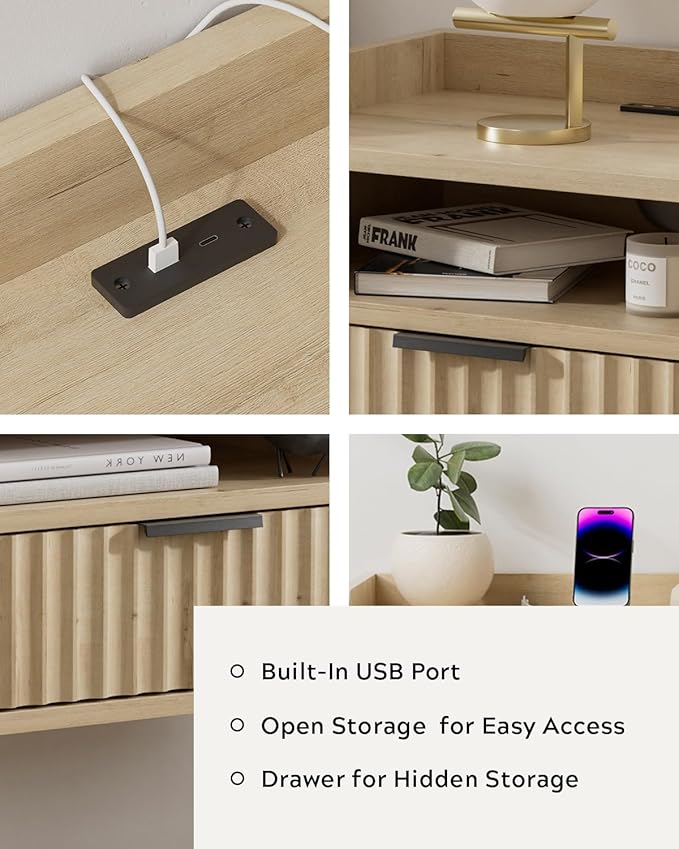Fluted Floating Nightstands Set of 2 with Drawer, Modern Small Wall Mounted Storage Night Stand with Charging Station, Wood Bedside Table USB C & USB A Ports, Light Oak
