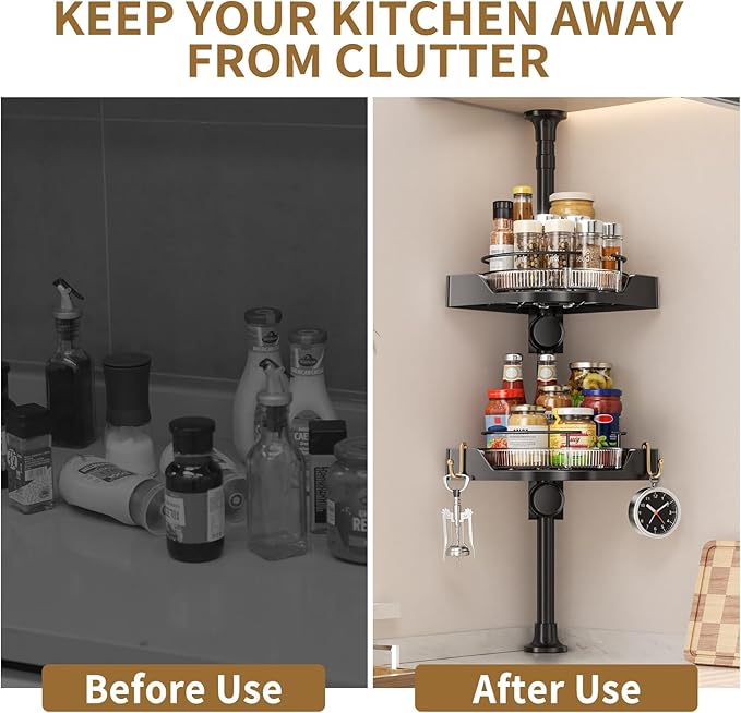 Standing Spice Rack Organizer, Counter Corner Double Tier Lazy Susan, Height Adjustable 360 Rotating Storage Rack with Hooks for Kitchen & Bathroom Corners (Black)