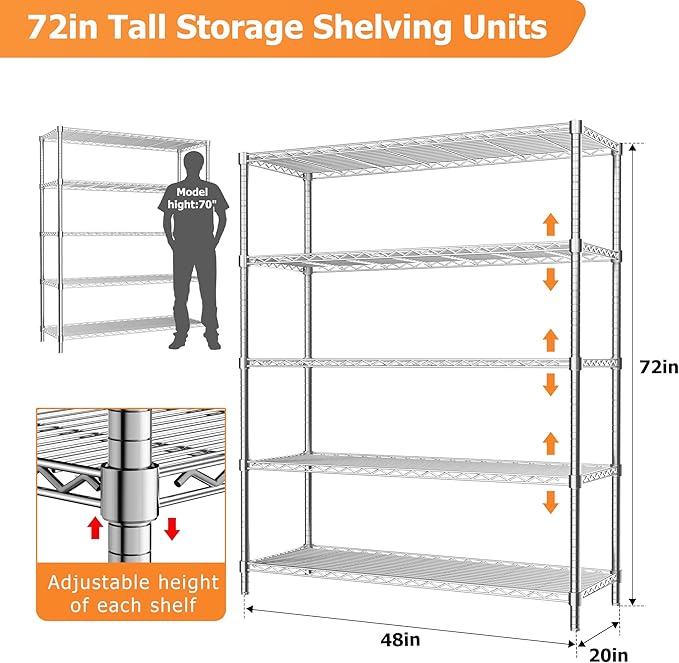 Storage Shelves Heavy Duty, 48" L x 20" W x 72" H Garage Wire Shelving Unit Loads 2000LBS, 5-Tier Adjustable Metal Industrial Utility Shelf Rack for Kitchen, Laundry Room, Pantry, Warehouse, Basement
