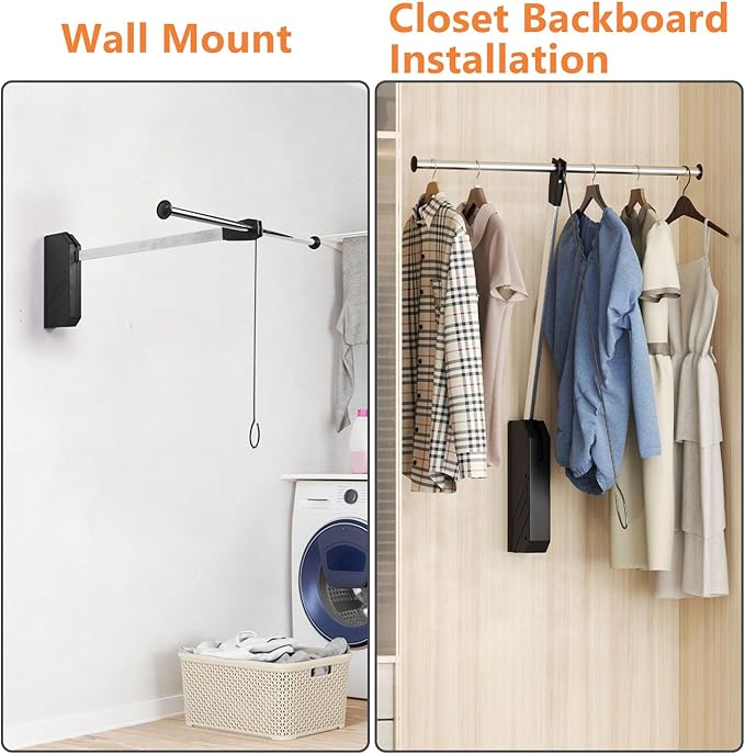 Pull Down Closet Rod, 26 Inch Soft-Close Buffering Clothing Organizer, Stainless Steel Back Mounted Closet Rod for Hanging Clothes Space-save in Tight Spots, Holds Up to 22lbs