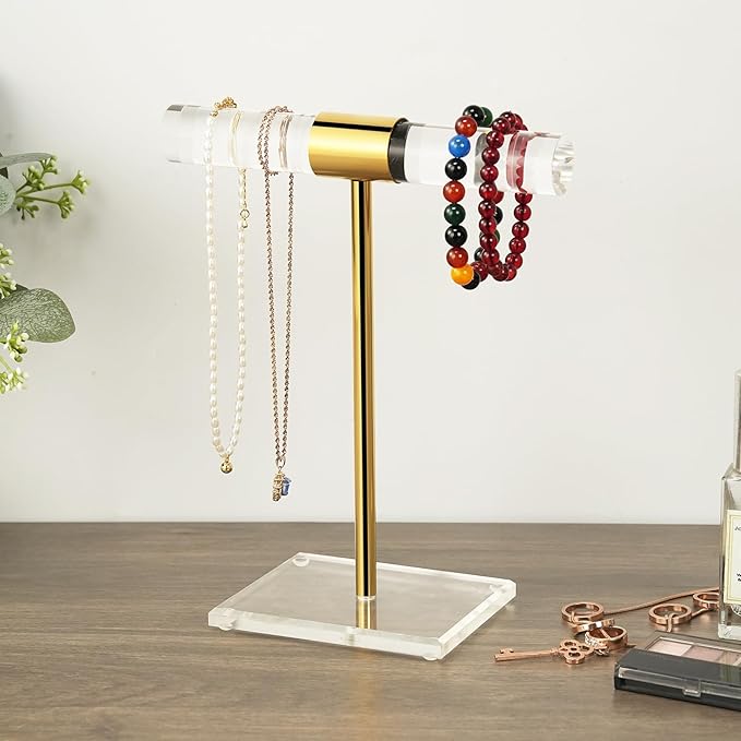 Acrylic Bracelet Holder Display Stand, Tangle-Free T-Bar Necklace Display for Vendors Retail Store Home, Clear Jewelry Organizer, Bangles Watch Holder Stands with Gold Stainless Rod