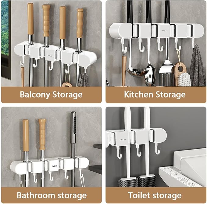 2Pcs Broom Holder Wall Mount, No-Drilling Self-Adhesive Mop and Broom Storage Rack with Hooks (4 Racks with 5 Hooks), Wall-Mounted Broom Hanger for Bathroom, Kitchen, Closet, Garage, White ﻿
