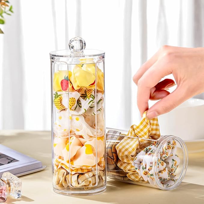 Chengu 2 Pcs Acrylic Scrunchie Holder Organizer Dustproof Clear Hair Ties Display Stand with Lid Scrunchie Holder Stand Hair Accessories Organizer for Teen Girls Jewelry Makeup Accessories